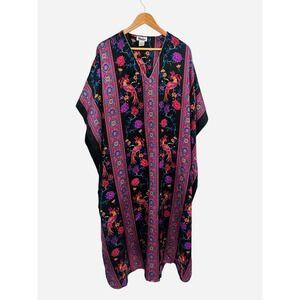 Winlav Kaftan Maxi Dress Black Pink Floral Bird Print One Size Polyester‎